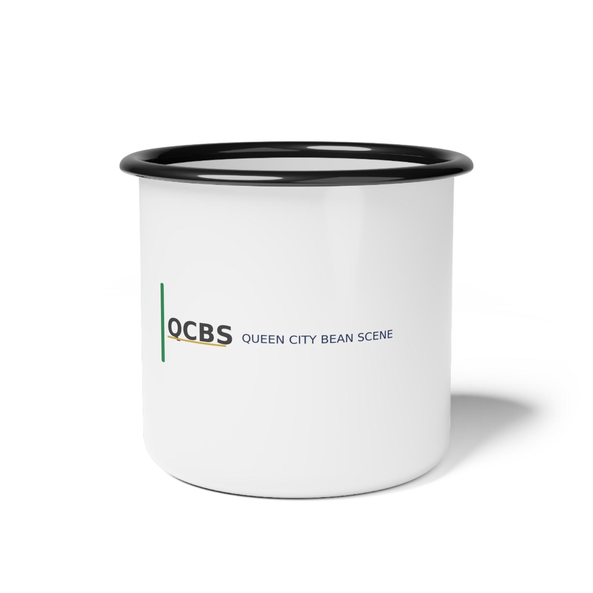 Queen City Bean Scene (QCBS) enamel camp mug, white, 12 oz.