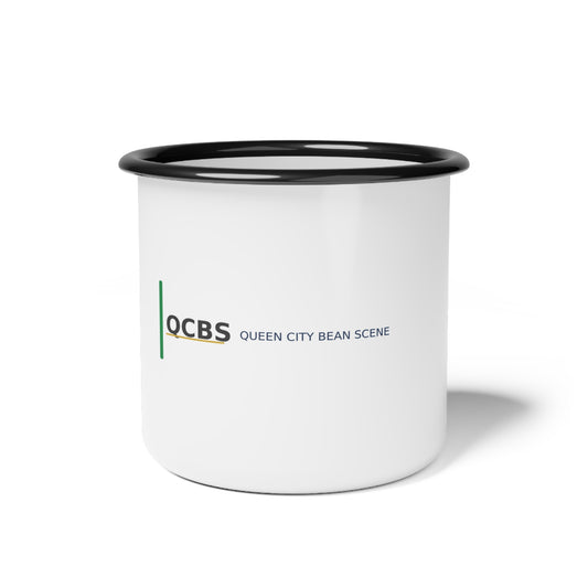 Queen City Bean Scene (QCBS) enamel camp mug, white, 12 oz.